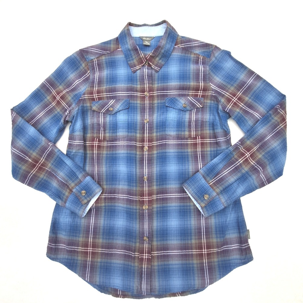 Eddie Bauer Button Down Womens Small PS Blue Plaid Long Sleeve Stretch Casual